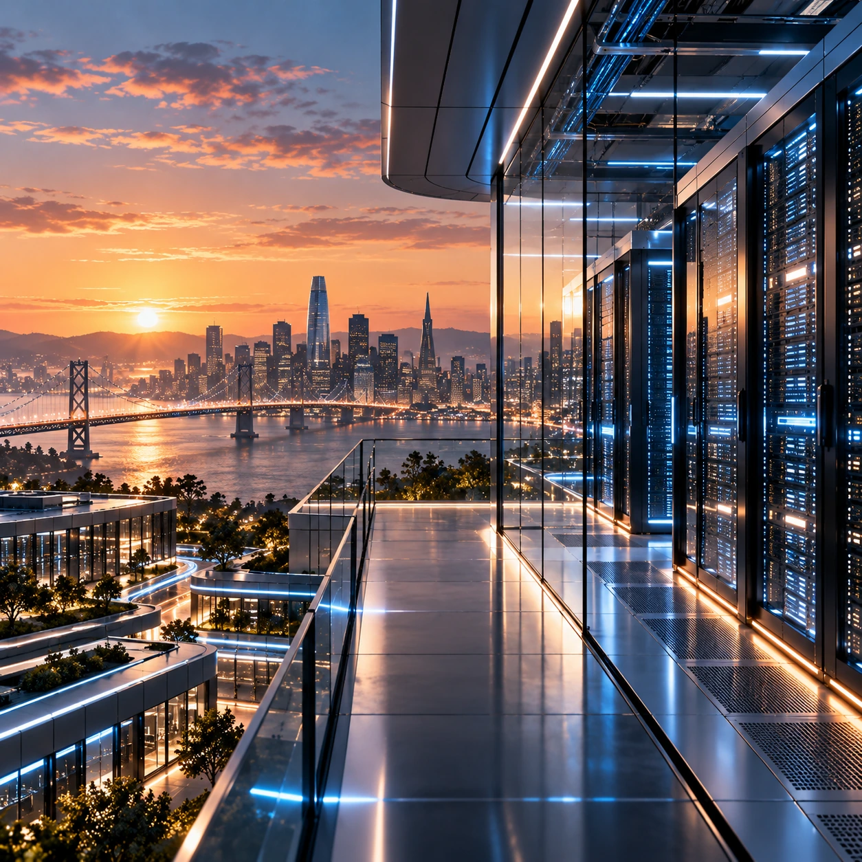 Modern data center infrastructure overlooking San Francisco